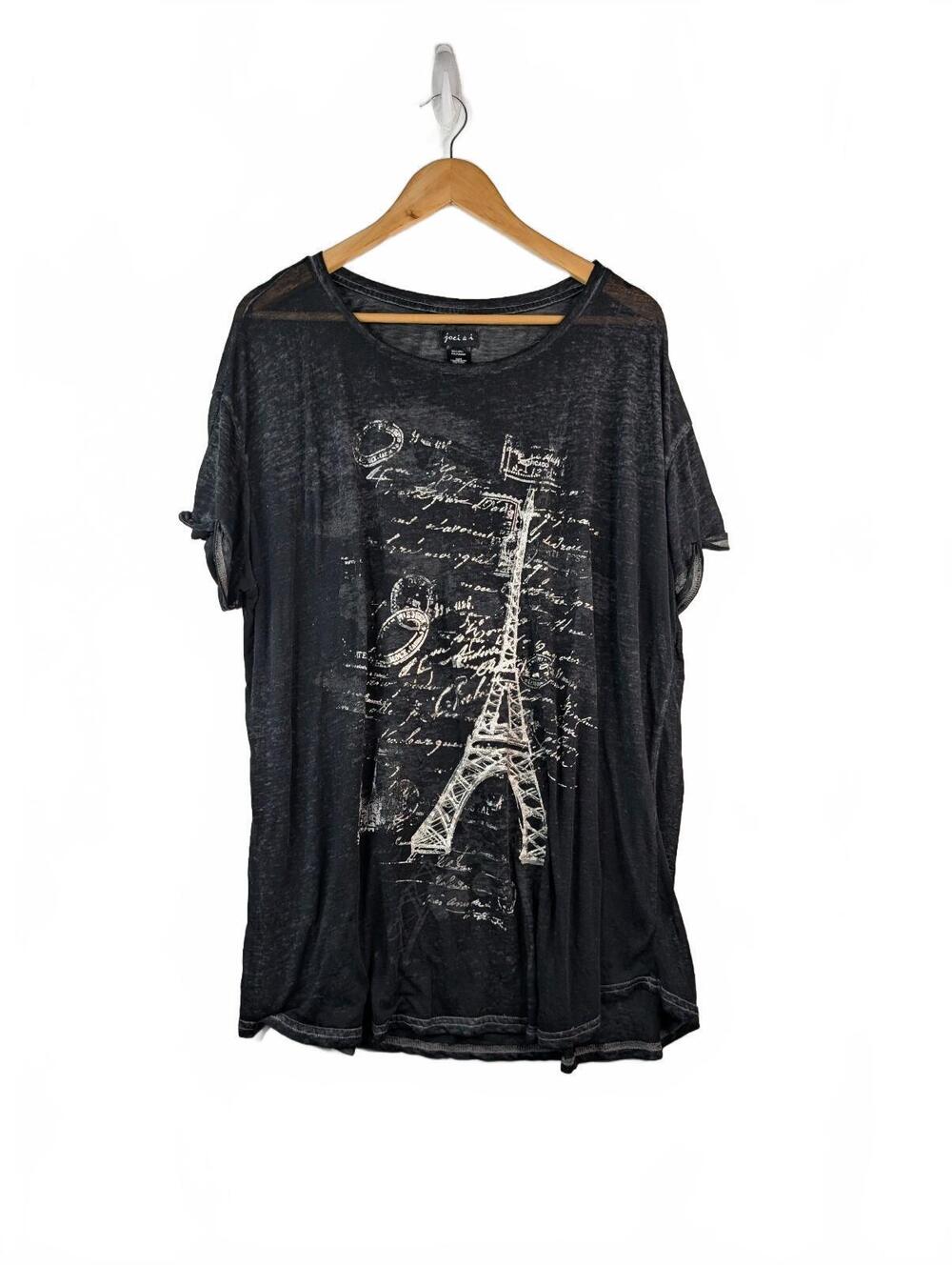 joei & i Women's Black Sheer Graphic Tee with Eiffel Tower and Script Design, 3X